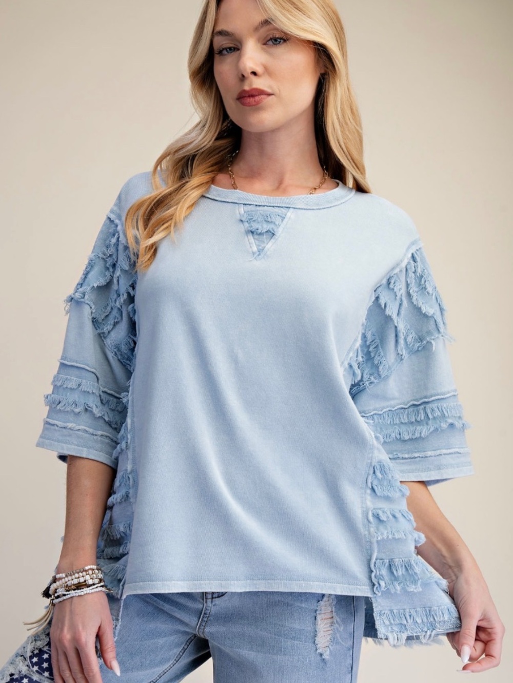 Easel Dusty blue Mineral Wash Frayed Loose Fit Short Sleeve Top - Picture 1 of 2